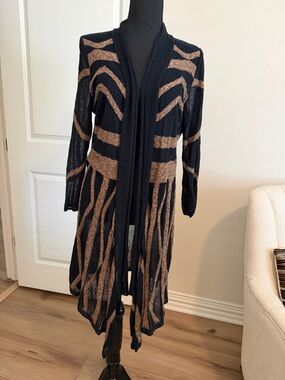 Women's Black and Brown Long Open-Front Sweater Cardigan